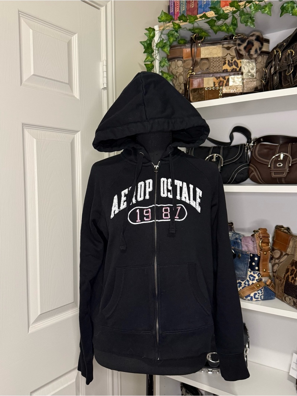 Aeropostale Black Zip-Up Hoodie Sweatshirt with White Logo